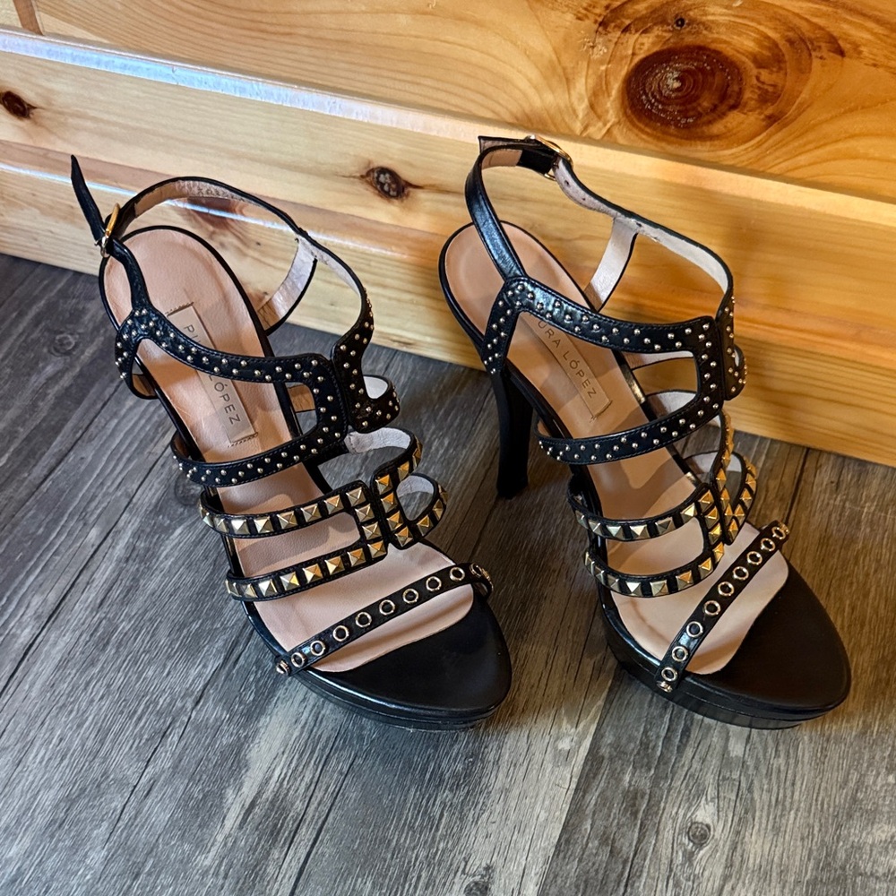 Pura Lopez Black and Gold Studded Heels